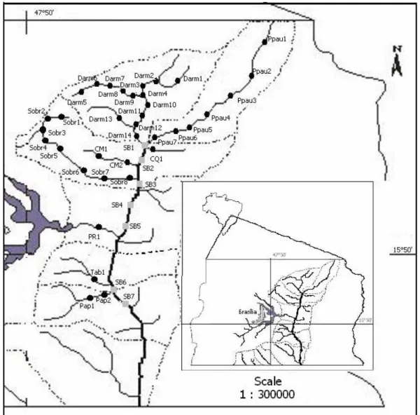 Figura 3 – Distribuição dos pontos amostrados ao longo da bacia do rio São Bartolomeu e suas principais sub-bacias: 