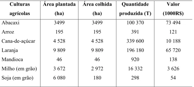 Tabela 03 - Frutal (MG) – Produção agrícola, 2002  Culturas  agrícolas  Área plantada (ha)  Área colhida (ha)  Quantidade  produzida (T)  Valor  (1000R$)  Abacaxi  Arroz  Cana-de-açúcar  Laranja  Mandioca  Milho (em grão)  Soja (em grão) 