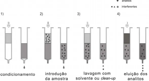Figura  2:  Desenho  representativo  envolvendo  as  etapas  da  SPE  (extração  em  fase sólida) 