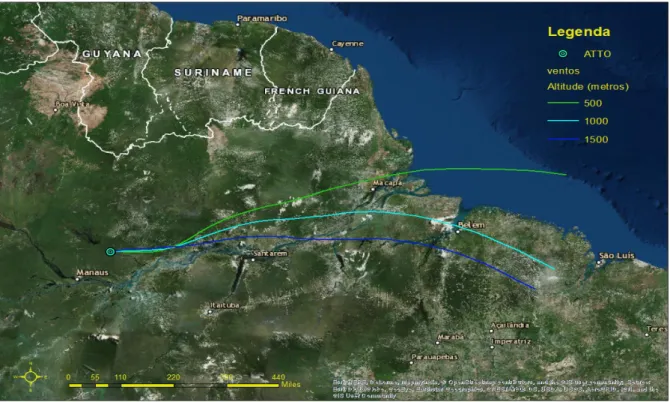 Figura 6  –  Simulação da trajetória das massas de ar que chegam no ATTO no dia 15 de  setembro de 2014, para diferentes altitudes e com 48 horas