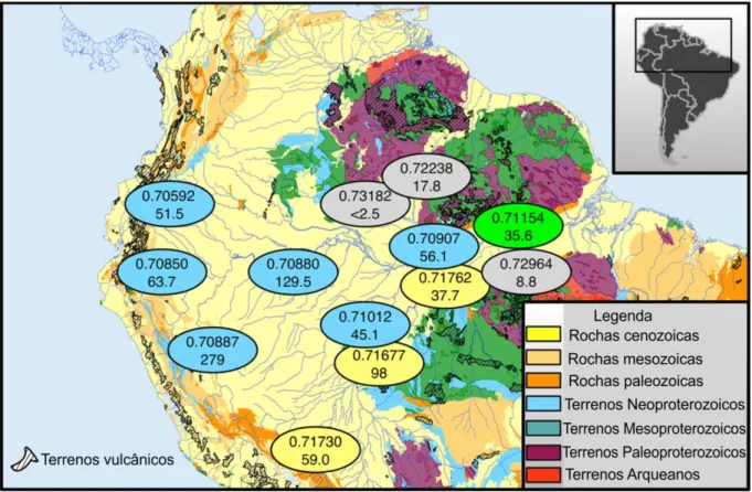 Figura 3 Representa o mapa geológico da região Amazônica com os valores isotópicos (em cima) de Sr e suas concentrações  em  ppb  (em  baixo)  dos  rios  Solimões  (azul),  Beni-Madeira  (amarelo),  Tapajós  (cinza)  e  Amazonas  (verde)
