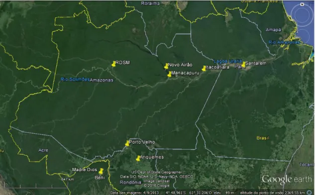 Figura  7  Mapa  de  localização  do  estudo.  Os  marcadores  amarelos  representam  os  locais  de  coleta  de  água  na  bacia  Amazônica
