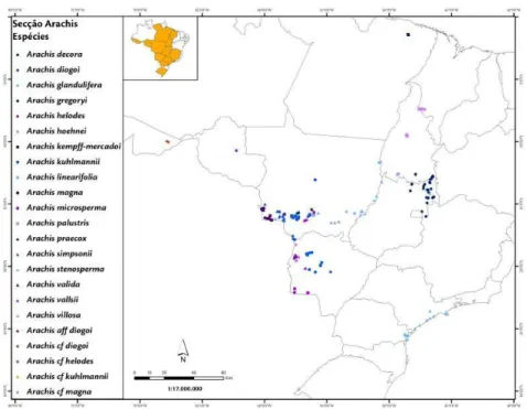 Figura  4.  Amplitude  da  distribuição  pontual  das  espécies  da  secção  Arachis   ao  longo  dos  Estados  brasileiros