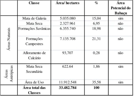 Tabela 1- Áreas das classes de uso e cobertura do solo.