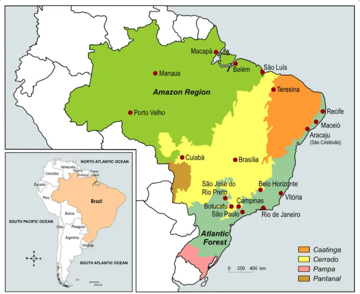 Figure 6 The Brazilian Biome Map and location of Research Centres. The Amazon region covers 40% of the surface of South America and 5% of  the surface of the world, and 61% of its territory is in Brazil