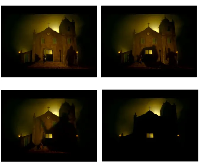 Fig. 14: Imagens da igreja sendo tomada pela sombra, em O veneno da madrugada (Guerra, 2004) 