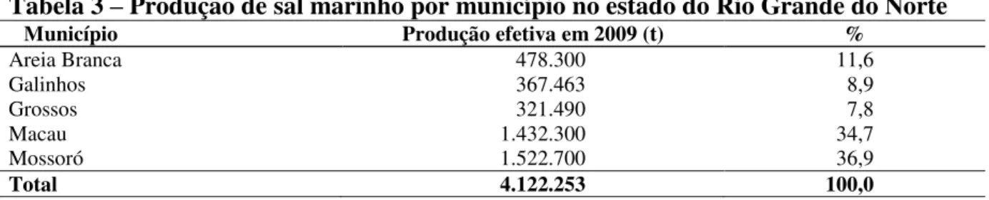 Tabela 3 – Produção de sal marinho por município no estado do Rio Grande do Norte 