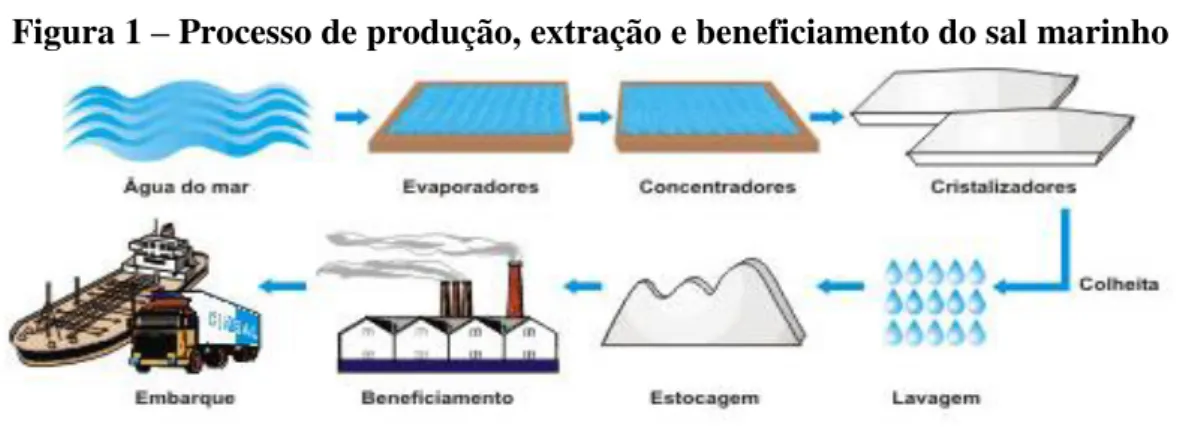 Figura 1  –  Processo de produção, extração e beneficiamento do sal marinho 