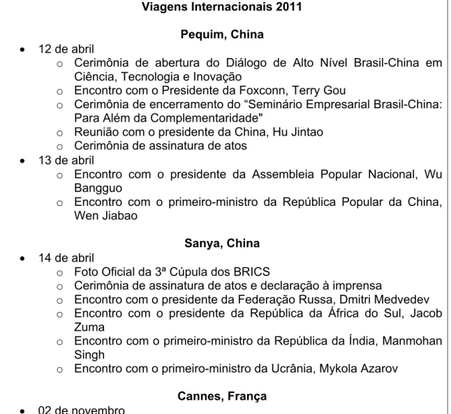 Tabela 6 - Viagens internacionais de Dilma com vistas a compromissos do  BRICS e eventos que teve oportunidade de comparecer