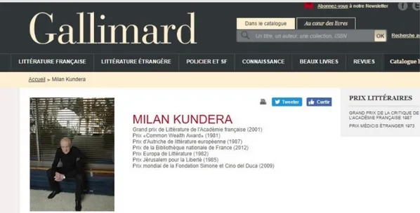 Figura 1- Página sobre Milan Kundera disponível no site da editora Gallimard. Junho de 2017.