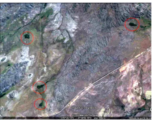 Figura 2. Imagem de satélite da localização dos quatro capões de mata do   Parque Nacional da Chapada dos Veadeiros (Fonte: Google Earth, 2010).