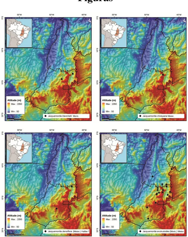 Figura 1: Mapas de distribuição de espécies de  Jacquemontia Choisy (Convolvulaceae) nos estados de  Goiás e Tocantins, Brasil