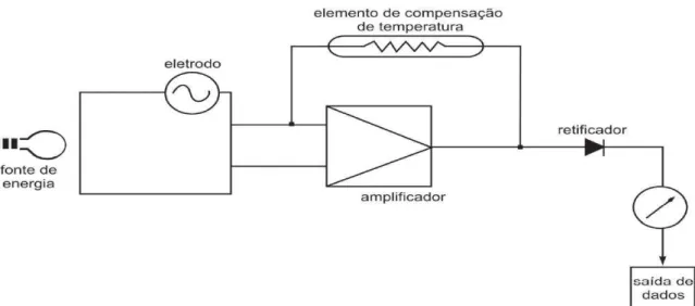 Figura 2.13 - Esquema de funcionamento de um condutivímetro eletrolítico.   Fonte:  