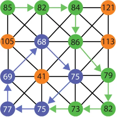 Figura 5 – Exemplo de caminhada com Û = 3 começando no pixel superior esquerdo, em que os pixels do transiente estão mostrados em verde (os 7 primeiros passos da caminhada) e os do período em azul (5 últimos passos), seguindo a dinâmica