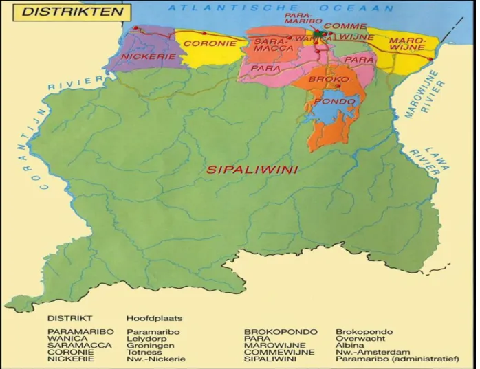 Figure 2. Map of Suriname along with the ten districts. Source: https://s-media-cache- https://s-media-cache-ak0.pinimg.com/736x/2b/c2/68/2bc26848fb2df9bb81f3a5126de82dd2.jpg 