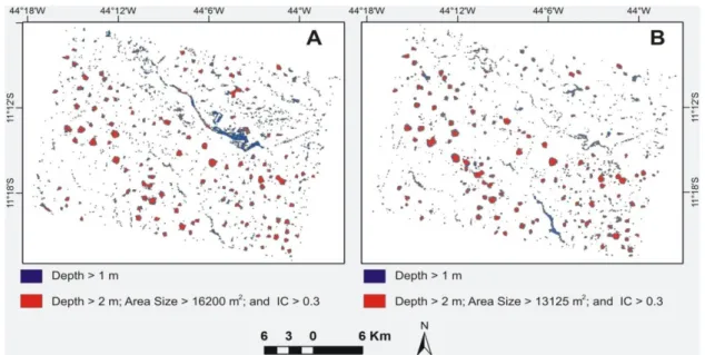 Figure  10.  Comparison  between  delimited  dolines  from  depth  &gt;  1  (blue  polygon)  and  using  the  morphometric  analysis  (red  polygon)  that  provides  a  significant  decrease  of  sinkholes