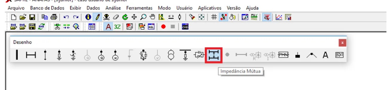 Figura 16  –  Botão Impedância Mútua localizada na barra de desenho  A Figura 17 mostra a janela de configuração de Impedâncias Mútuas