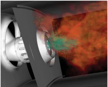 Figure 1.5: Simulation of a gas turbine combustor in which the fuel droplets are shown in green (PITSCH, 2006).
