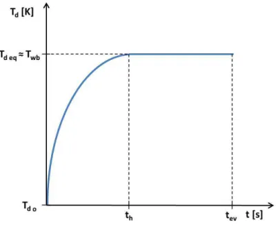 Figure 2.1: Schematic representation of droplet temperature evolution during its evaporation in absence of radiation.