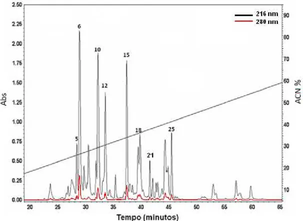 Figura 3. Fracionamento do veneno bruto de M. frontalispor meio de cromatografia líquida de alta  eficiência em fase reversaem coluna semipreparativaC 4 , fluxo 2,5 mL/min, sob gradientes linear de  5 a 95% de acetonitrila