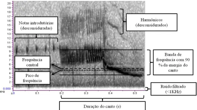 Figura  2.  Espectrograma  de  um  canto  de  macho  de  tiziu  com  as  medidas  acústicas  extraídas  de  cada  canto