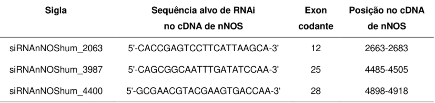 Tabela 3 - Nomenclatura dos siRNAs e sequências alvo de RNAi   