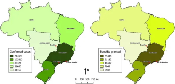 Figure  1  -  Distribution  of  confirmed  cases  of  AIDS  and  benefits  granted  in  Brazil  per  geographical region, 2004-2015 (full details of confirmed cases unavailable for 2016)