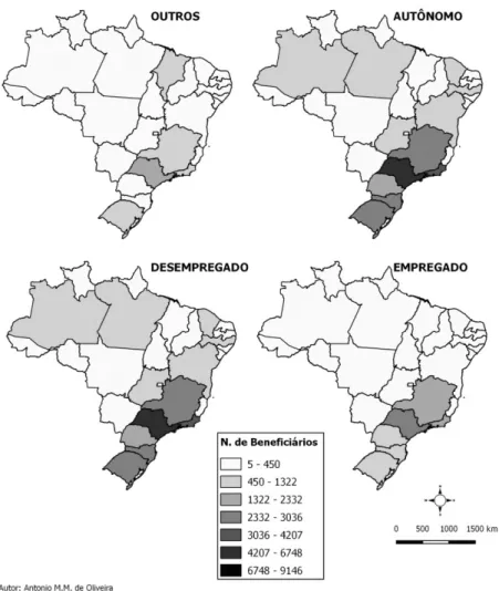 Figura  3.  Distribuição  de  benefícios  concedidos  a  indivíduos  acometidos  pela  Aids, estratificado por tipo de ocupação, 2004-2016.