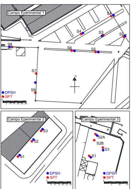 Figura 3.2 – Distribuição dos ensaios SPT e DPSH realizados no Campo Experimental 1, 2, 3