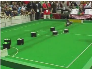 Fig. 1. 5DPO team in a Robocup Small Size League game The paper is organized as follows: After a brief  introduc-tion the contest descripintroduc-tion where robots hardware,  dimen-sions, materials and localization requisites and different