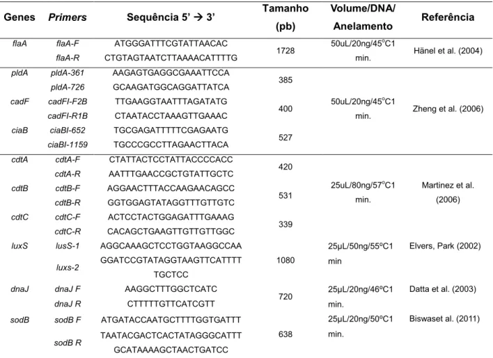 Tabela  3:  Primers,  tamanho  do  amplicon,  condições  da  reação  e  referência  utilizados  para  a  identificação de genes em Campylobacter isolados de diferentes matrizes cárneas 