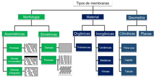 Figura 2:Esquema da classificação das membranas sintéticas em relação a morfologia, material de  fabricação e geometria