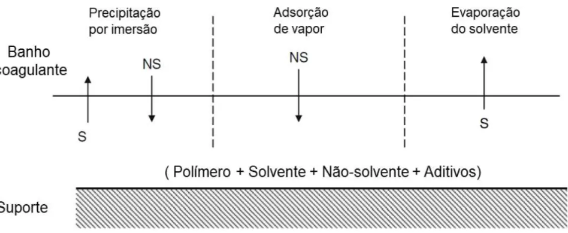 Figura 6: Representação esquemática das técnicas de precipitação por imersão, adsorção de vapor  e evaporação do solvente