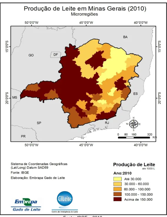 Figura 2: Mapa das regiões de produção de Leite em Minas Gerais. 