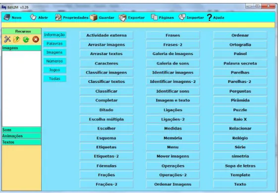 Ilustração 2 - Interface do programa Edilim – tipo de atividades possíveis 