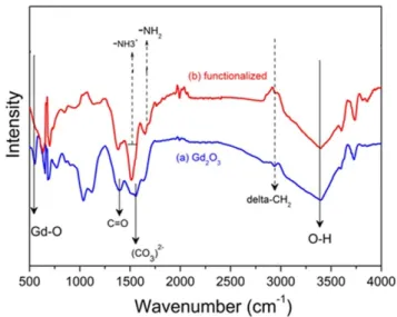 Fig. 3: FTIR spectra of Gd 2 O 3  (a) and NH 2 -functionalized Gd 2 O 3  (b). 
