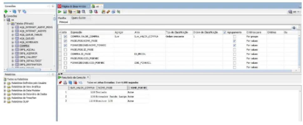 Figura 10 – Oracle SQL Developer : cláusulas selecionadas e resultado da consulta.