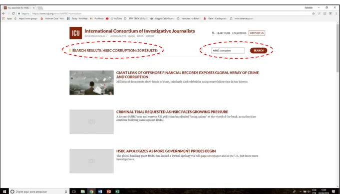 Figura 6 - Registro da tela, com a função print screen, de busca da pesquisa com as palavra- palavra-chave “HSBC  Corruption ” no website do ICIJ