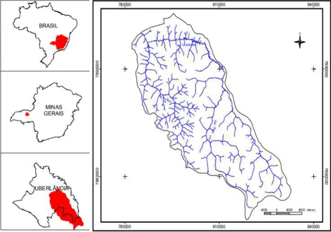 Figura 1. Localização da área de estudo. Cidade de Uberlândia, Estado de Minas  Gerais (MG), no Brasil, e a e a Bacia Hidrográfica do Rio Uberabinha