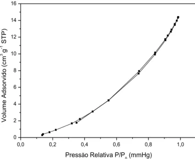 Figura  23.  Isoterma  de  adsorção  e  desorção  de  nitrogênio  gasoso  a  77K  para  a  fase  sólida  extratora  perclorato  de  tetra-n-butilamônio