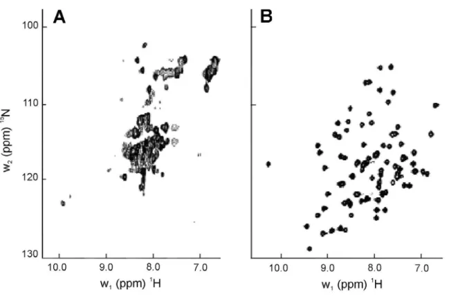 Figura 3. Comparação de espectros 2D  1 H- 15 N-HSQC para uma proteína desordenada e uma  proteína bem enovelada (adaptado de MONTELIONE, 2000)