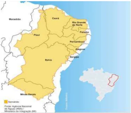 Figura  1  -  Mapa  do  Bioma  Caatinga,  representando  os  nove  estados  englobados  no  semiárido  brasileiro.Fonte: Agência Nacional de Águas (ANA), 2010 