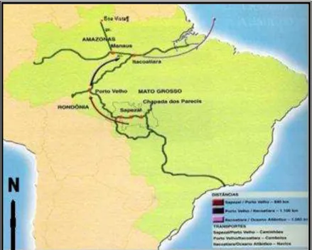 Figura 3: Croqui da hidrovia que faz o eixo multimodal entre Sapezal (MT),  Porto Velho (RN) e Itacoatiara (AM), sem escala