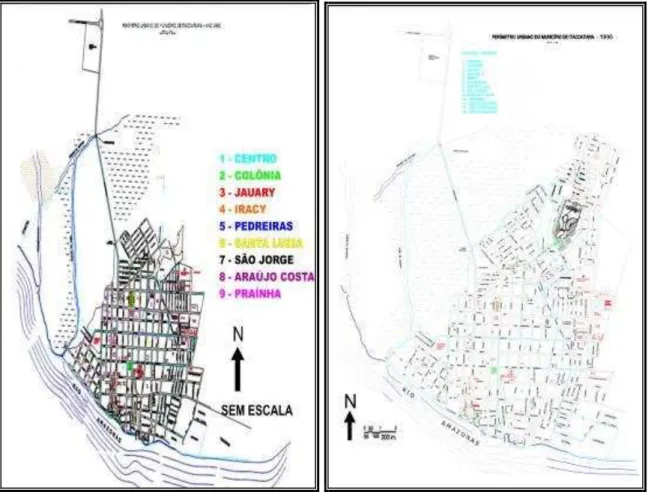 Figura 14: Planta da cidade com nove bairros, 1980   Figura 15: Planta da cidade com treze bairros, 1990  Fonte: Secretaria de infraestrutura   Fonte: Secretaria de Infraestrutura 