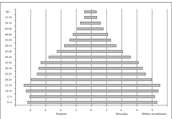 Gráfico 3 – Pirâmide etária da população brasileira dividida por sexo – 2000  FONTE: IBGE, 2007c, adaptado pelo autor