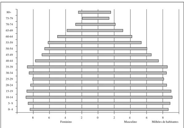 Gráfico 5 – Pirâmide etária da população brasileira dividida por sexo – 2020  FONTE: IBGE, 2007c, adaptado pelo autor