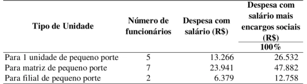 Tabela 10 – Número de funcionários administrativos e despesas com salários mais encargos sociais por  tipo de unidade 