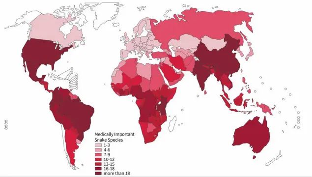 Figura  2:  Distribuição  mundial  das  espécies  de  serpentes  de  importância  médica  (GUTIÉRREZ,  et  al.,  2017)