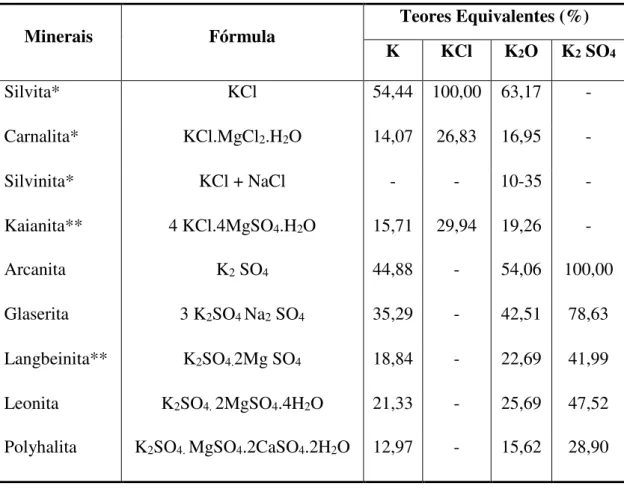 Tabela 2.1- Minerais de potássio e seus teores equivalentes em peso (%) (compilação  dos dados de HARBEN, 1995)