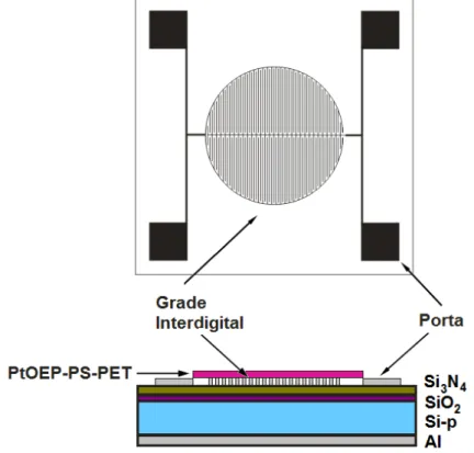 Figura 26 -Detalhe construtivo do capacitor MOS com a película de polietileno tereftalato (PET)  sobreposta a grade interdigital